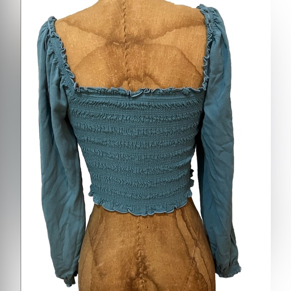 Forever 21 Off Shoulder Crop Ruched Long Sleeve Top Blue Sm - Picture 2 of 5